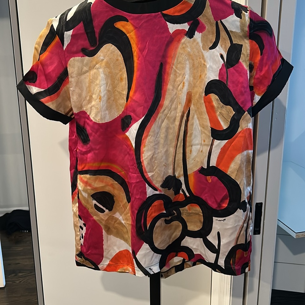 SHAN 100% silk Frida Collection pink, black and orange top.